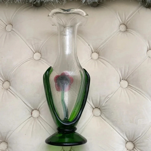 Handmade Blown Glass Flower Bud Vase red flower And Stems 10" Tall - Picture 4 of 5